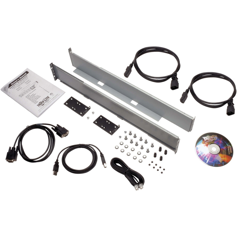 Installation kit components including mounting rails, cables, software CD, and hardware