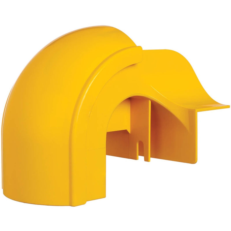 Yellow PVC waterfall adapter showing curved protective design for fiber cable routing