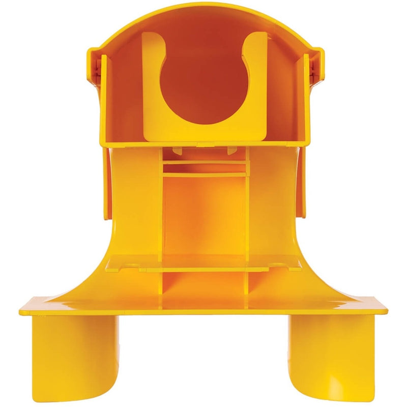 Detailed view of yellow waterfall adapter showing internal cable routing features