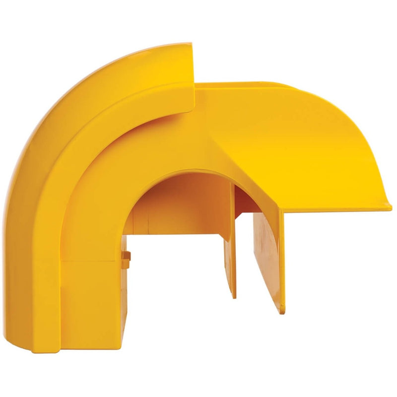 Side view of yellow waterfall adapter showing mounting flexibility and cable path options