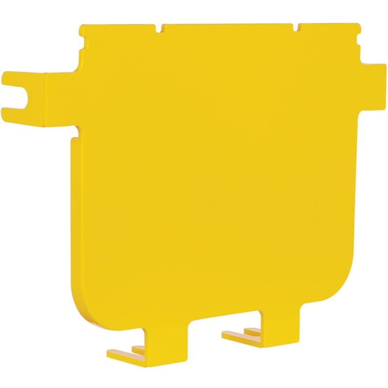 Angled view of yellow fiber routing end cap showing system integration features