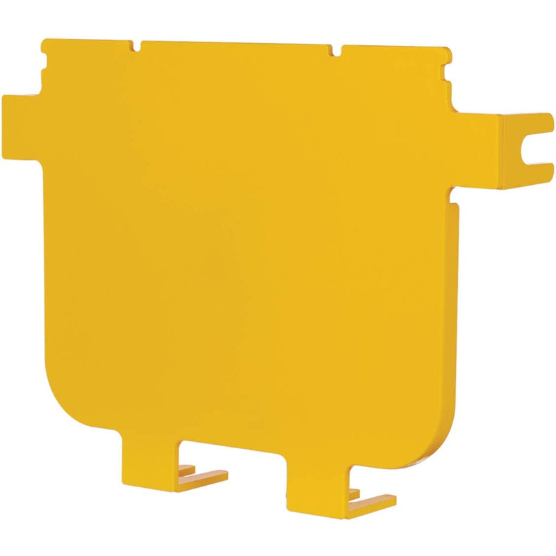 Yellow PVC end cap for fiber routing system showing front view with mounting tabs