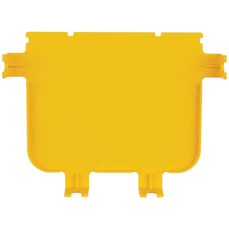 Front view of yellow fiber routing end cap showing detailed profile design