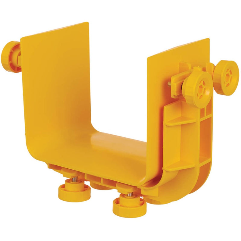 Yellow U-shaped PVC fiber routing coupler with mounting screws and integrated support structure