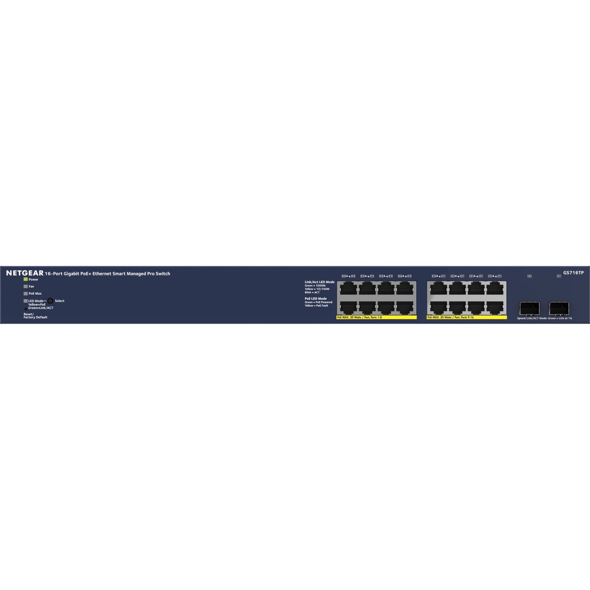 Netgear GS716TP-100NAS GS716TP Ethernet Switch, 16 Port Gigabit PoE+, 300W PoE Budget