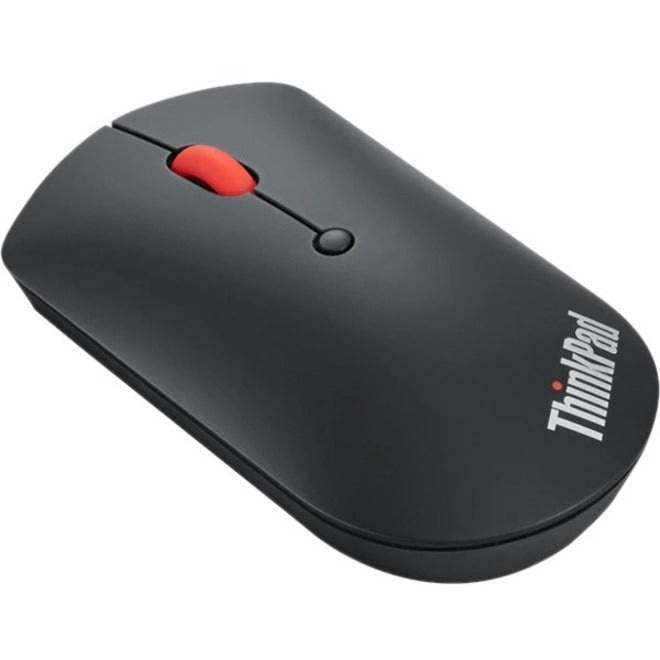 Top angled view of black ThinkPad Bluetooth Silent Mouse with red scroll button and ThinkPad branding