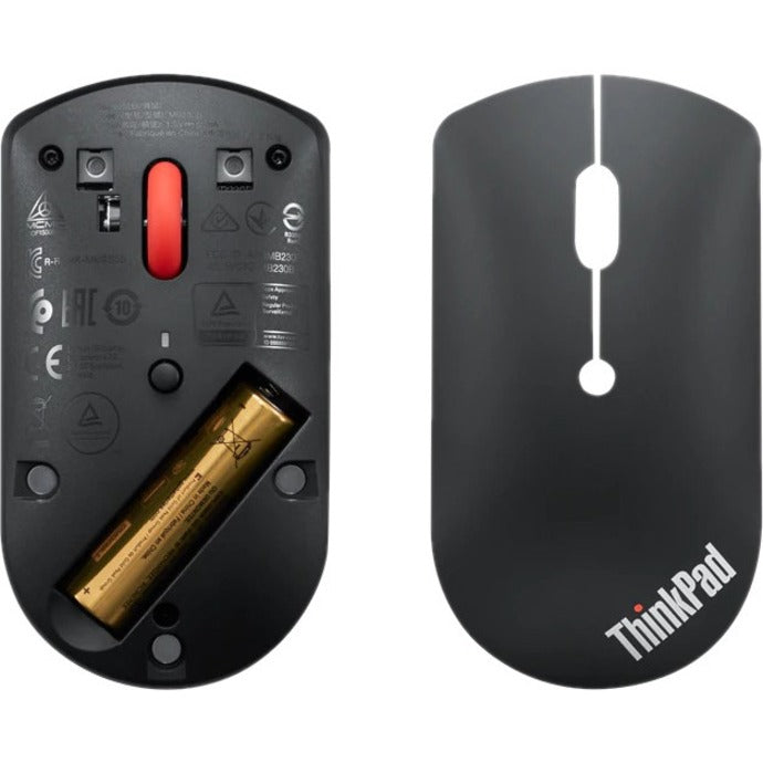 Internal view and external shell of ThinkPad Bluetooth Silent Mouse showing battery compartment