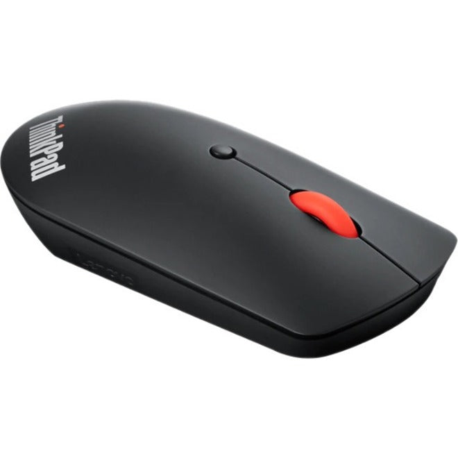 Angled view of ThinkPad Bluetooth Silent Mouse showing curved design and button placement