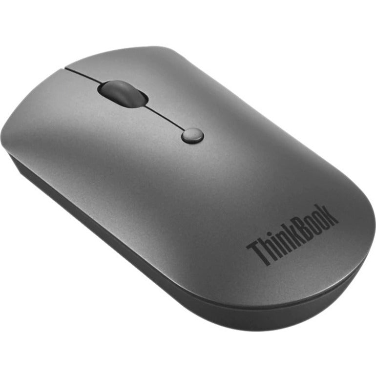 Top angled view of Lenovo ThinkBook Bluetooth Silent Mouse in iron gray showing sleek design and button layout