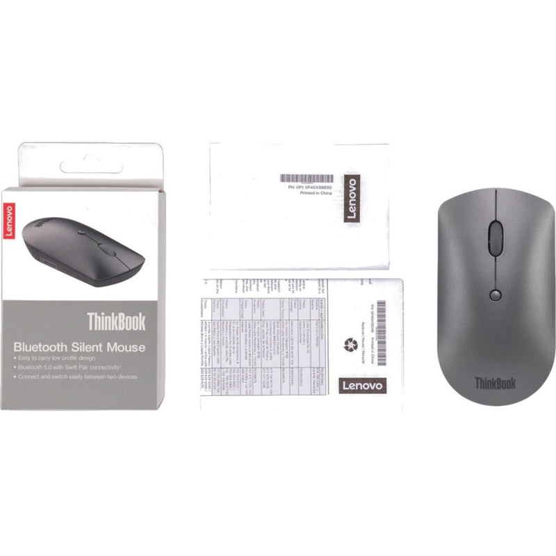 Retail packaging contents of Lenovo ThinkBook Silent Mouse including documentation