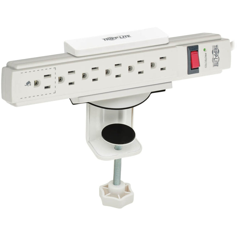 Power strip mounted in white holder showing multiple accessible outlets