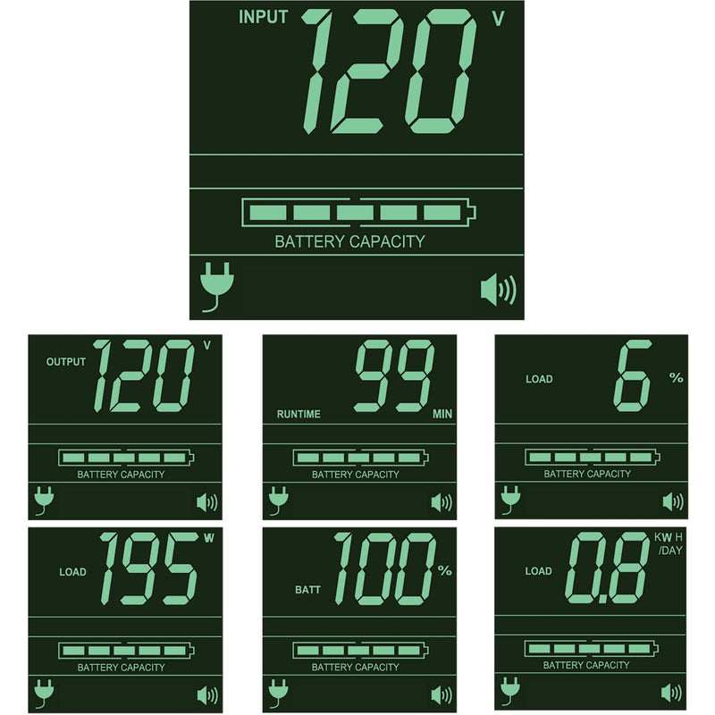 Multiple LCD screen views showing various UPS monitoring parameters