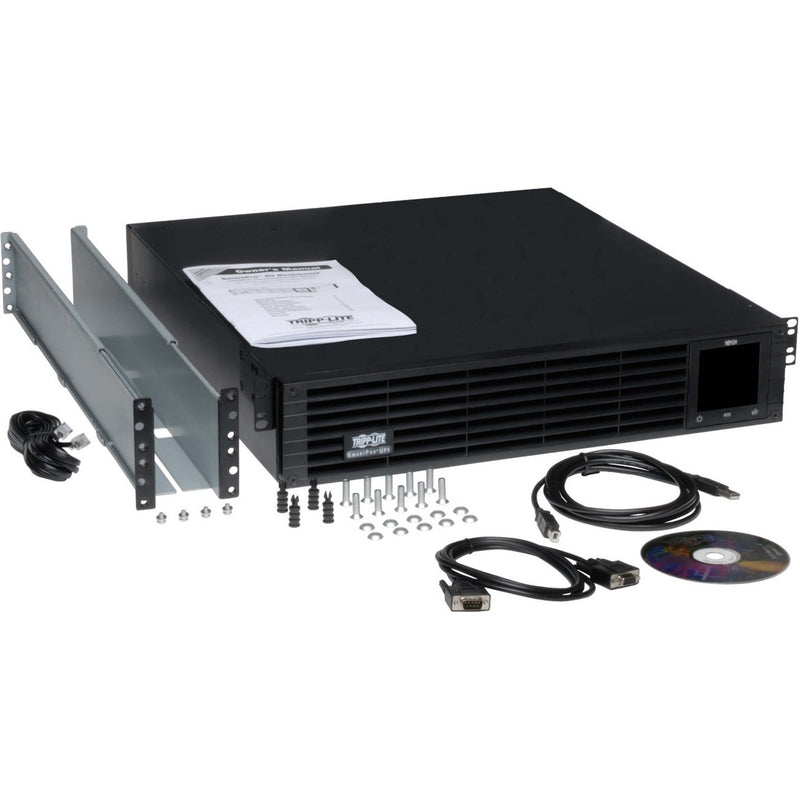 Complete package contents of Tripp Lite SM2200RMXL2UPN UPS with mounting hardware and accessories