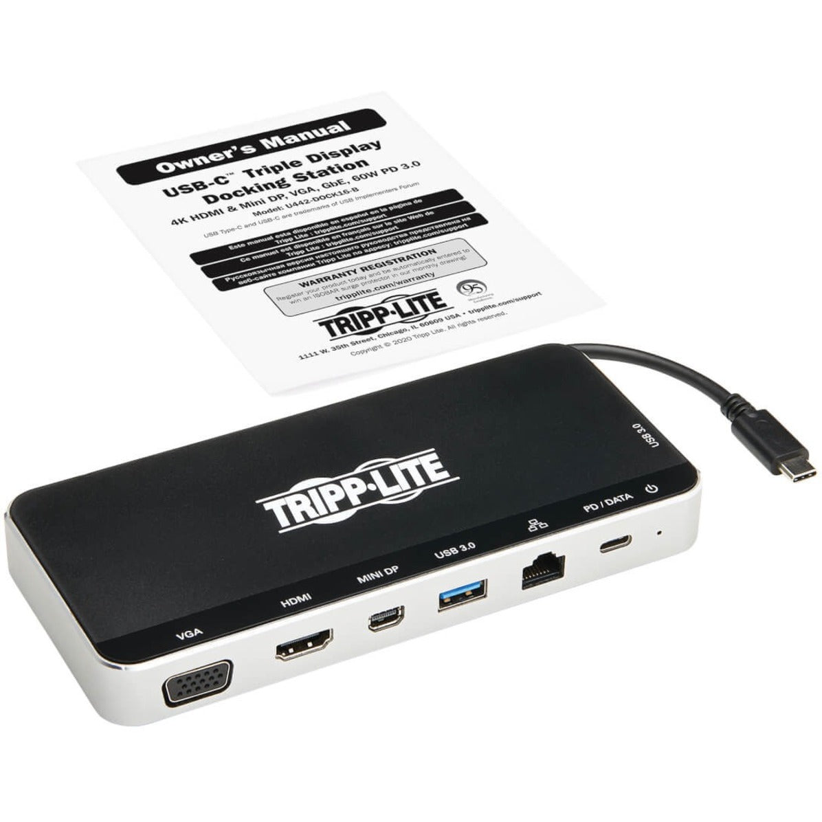 Tripp Lite U442-DOCK16-B Estación de Acoplamiento USB-C de Triple Pantalla 3 Años de Garantía VGA HDMI USB Tipo-C DisplayPort Thunderbolt RJ-45 Mini DisplayPort Fuente de Alimentación de 60W