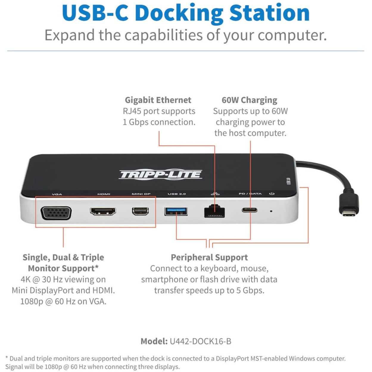 Tripp Lite U442-DOCK16-B Triple-Display USB-C Docking Station, 3 Year Warranty, VGA, HDMI, USB Type-C, DisplayPort, Thunderbolt, RJ-45, Mini DisplayPort, 60W Power Supply