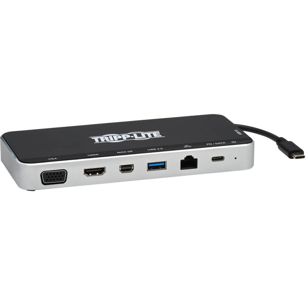 Front view of Tripp Lite USB-C docking station showing multiple ports in silver and black finish-alternate-image1