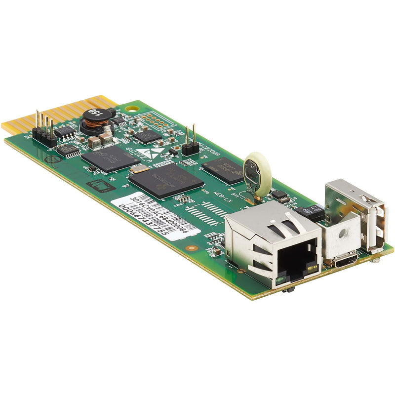 WEBCARDLXMINI network management card showing RJ-45 port, USB interface, and circuit components