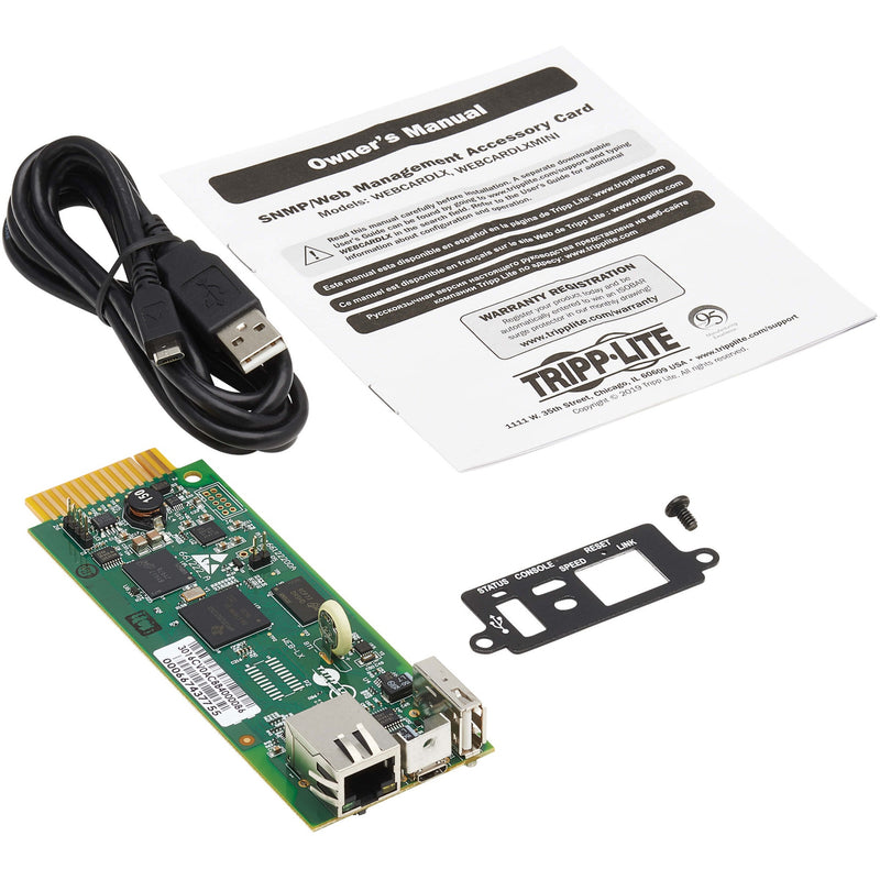 Complete WEBCARDLXMINI package contents including card, cable, manual, and accessories