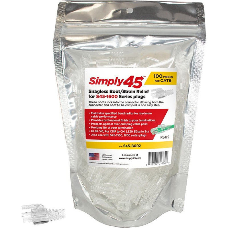 Simply45 S45-B002 strain relief boots 100-piece package with product specifications and RoHS compliance label