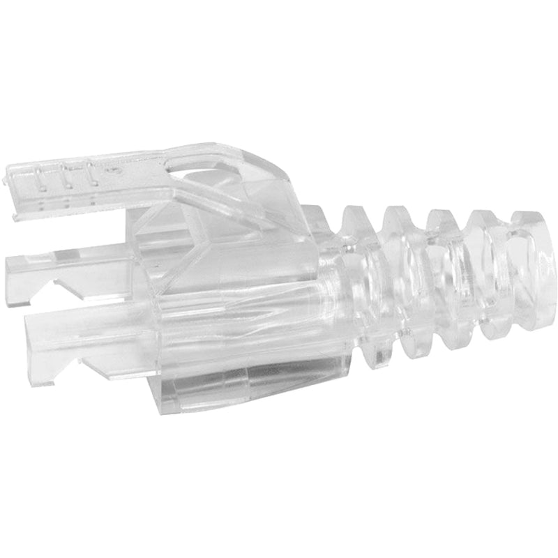 Close-up view of Simply45 S45-B002 clear polycarbonate strain relief boot showing snagless design and ribbed structure