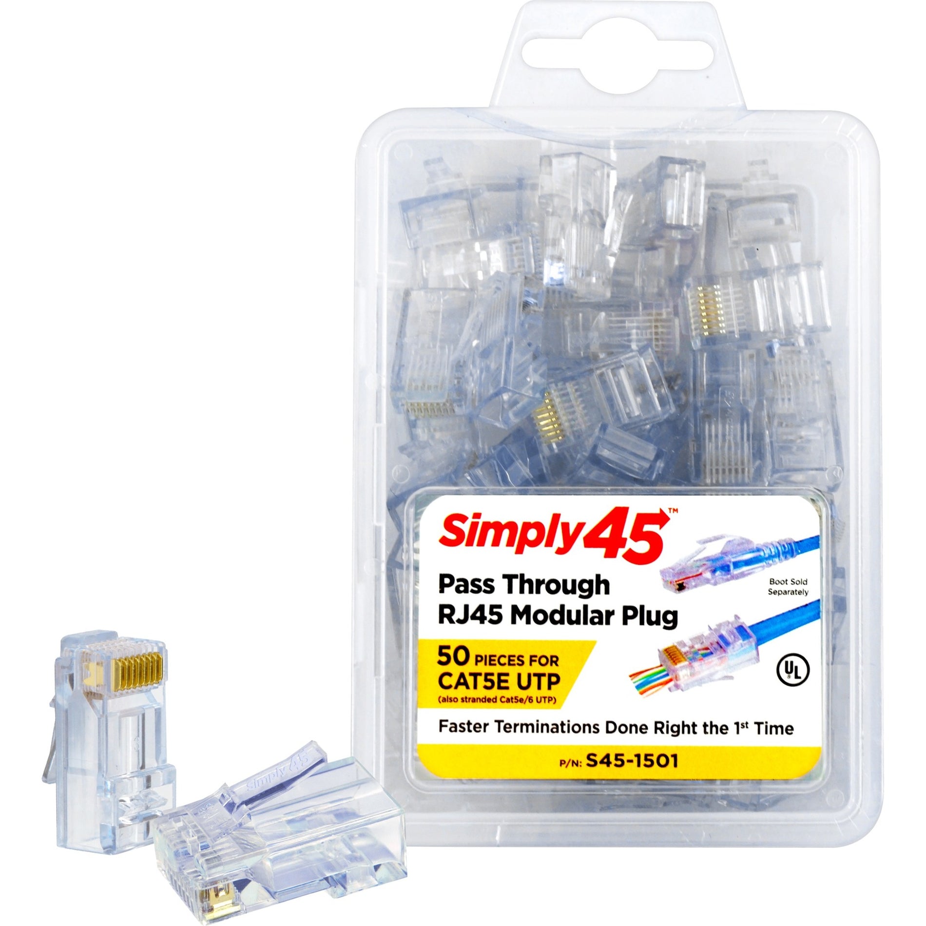 SIMPLY45 S45-1501 Cat5e 未屏蔽式通過式RJ45 50個裝，串聯，串擾保護，PoE，耐火 品牌名稱：SIMPLY45 品牌名稱翻譯：簡45