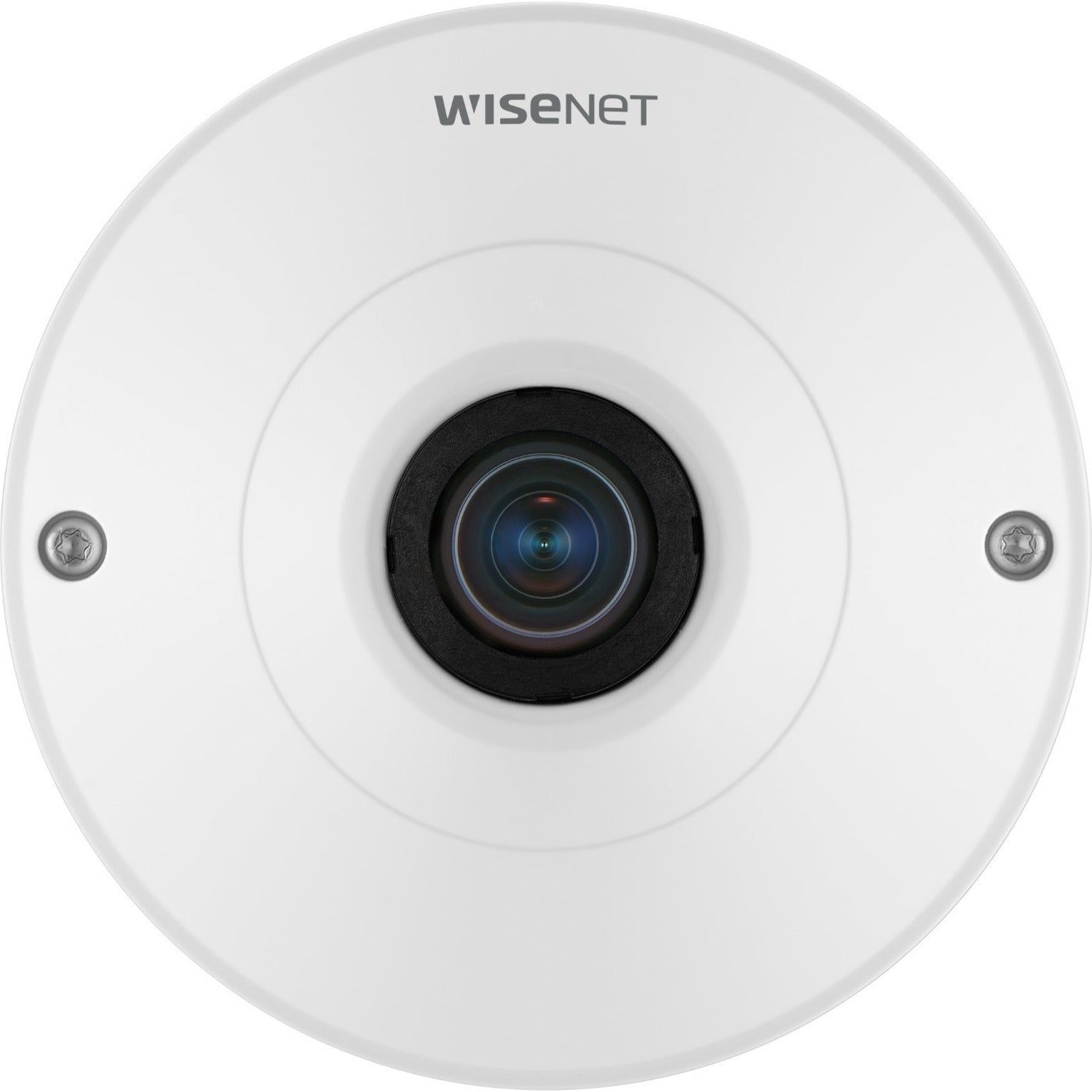 Front view of Wisenet QNF-9010 12MP indoor fisheye network camera showing circular white housing and central lens-alternate-image1