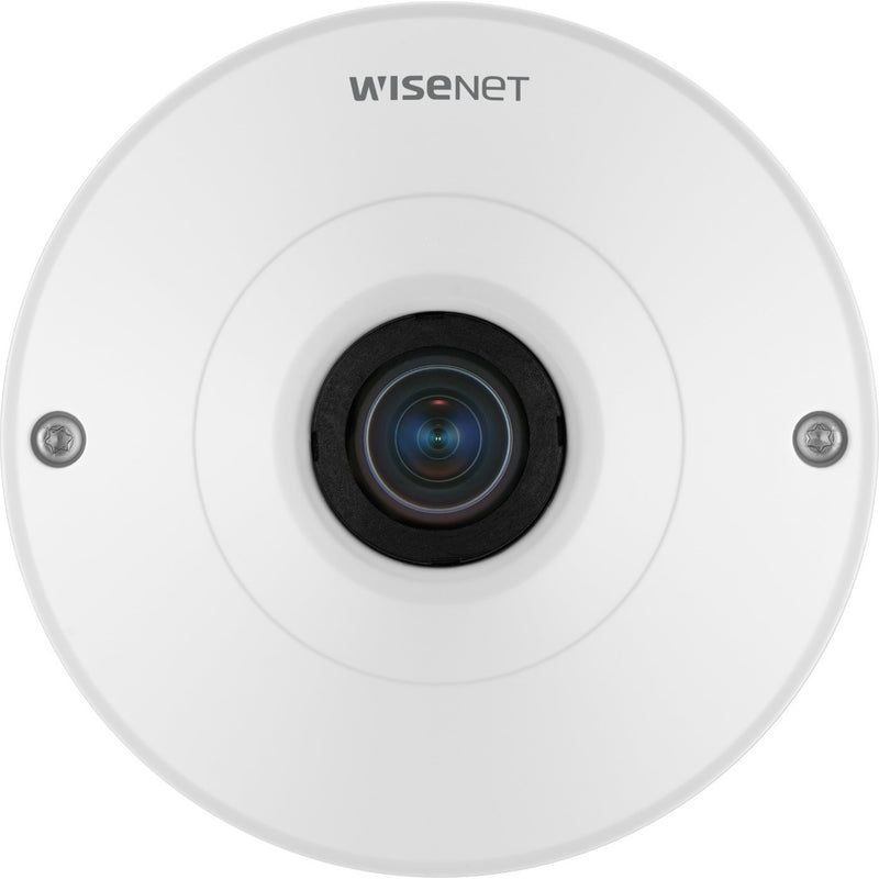 Front view of Wisenet QNF-9010 12MP indoor fisheye network camera showing circular white housing and central lens