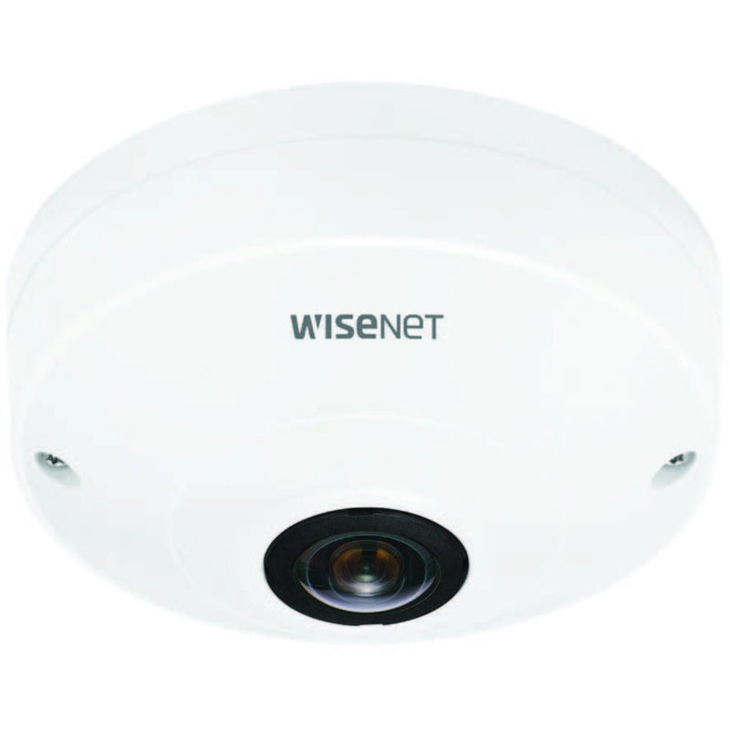 Side angle view of Wisenet QNF-9010 fisheye camera showing dome profile and mounting configuration