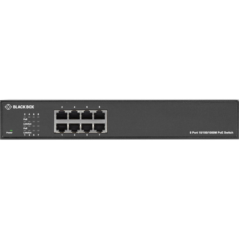 Top view of Black Box LPB1308A-R2 switch displaying eight Gigabit Ethernet ports and status indicators