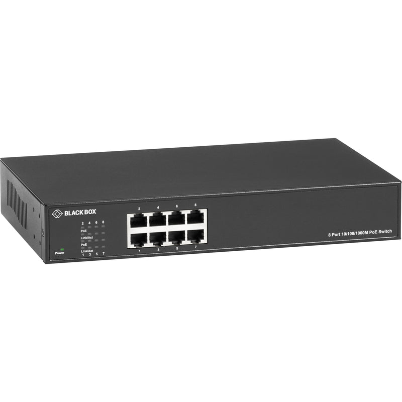 Front view of Black Box LPB1308A-R2 8-port Gigabit PoE+ switch showing LED indicators and network ports