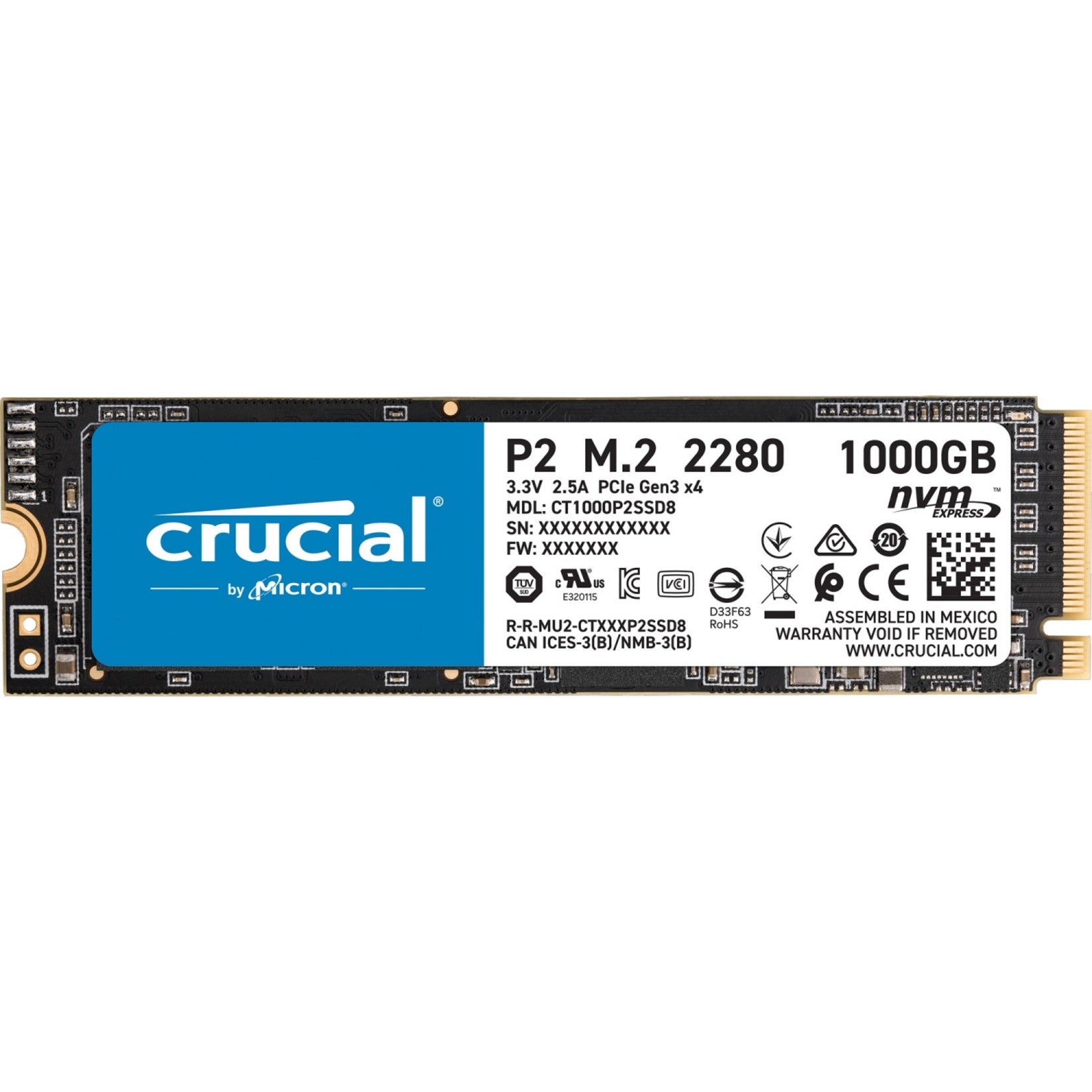 Crucial CT1000P2SSD8 P2 Solid State Drive, 1 TB, High-Speed PCIe NVMe, 2400 MB/s Read, 1800 MB/s Write