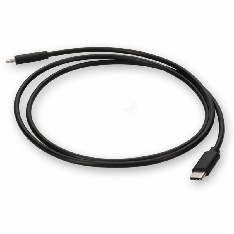 Black USB-C to Lightning cable with connectors shown in right-side view