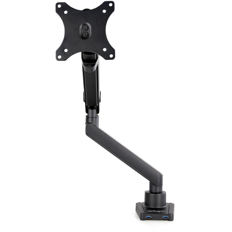 Front view of monitor arm base showing USB ports and stable mounting