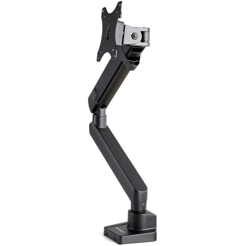 Side view of black articulating monitor arm with USB hub base showing full range of motion