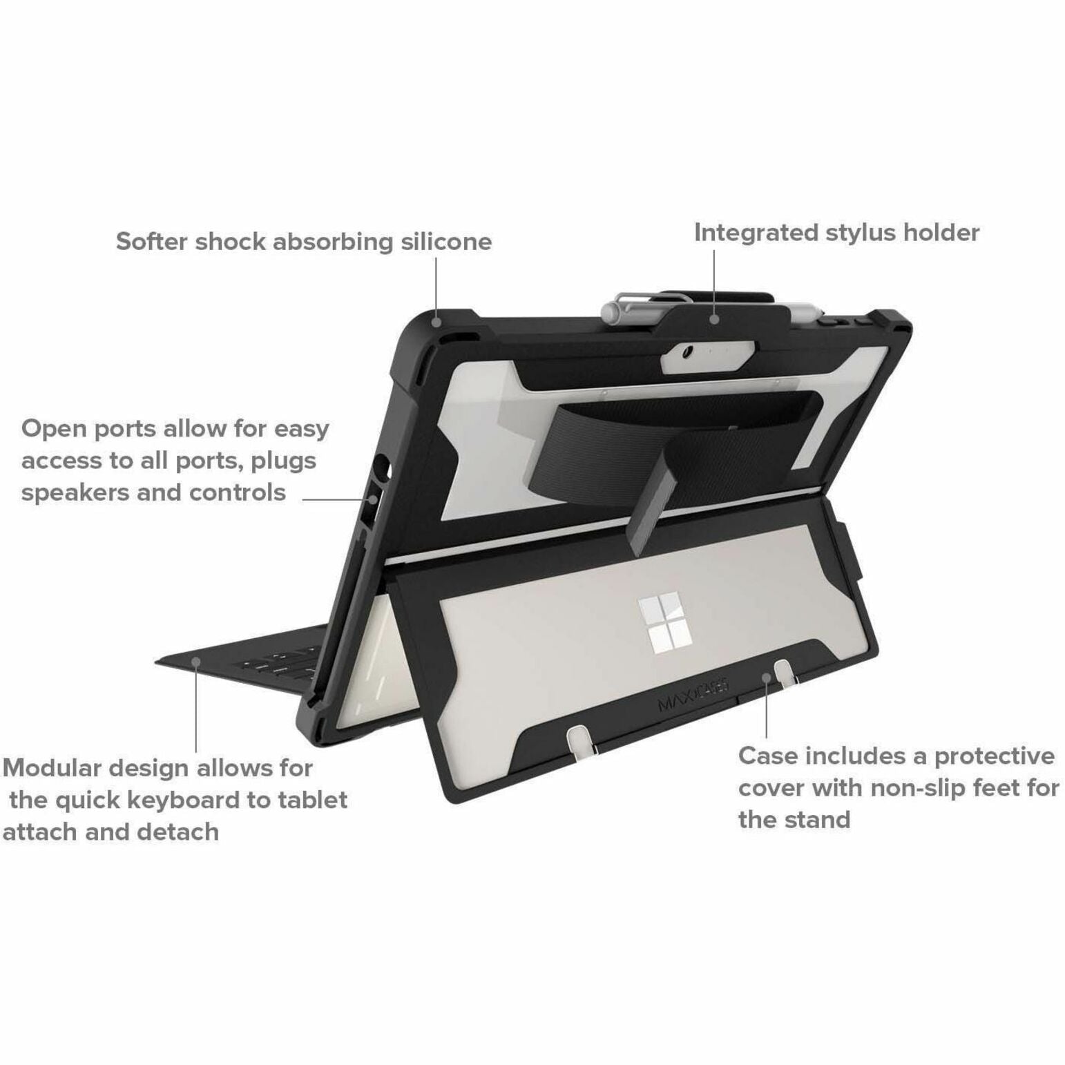 Detailed view of MAXCases Extreme Shell showing integrated features including stylus holder, port access, and modular design elements-alternate-image3