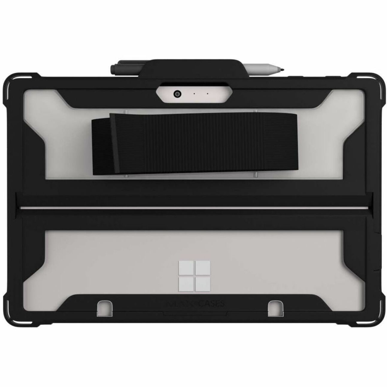 Back view of MAXCases Extreme Shell case for Surface Go showing transparent back panel with black protective frame and integrated kickstand support-alternate-image1