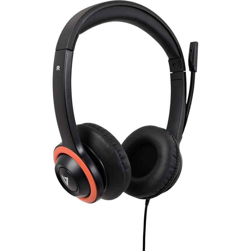 V7 HU540E headset showing cushioned ear cups and headband design with antimicrobial protection