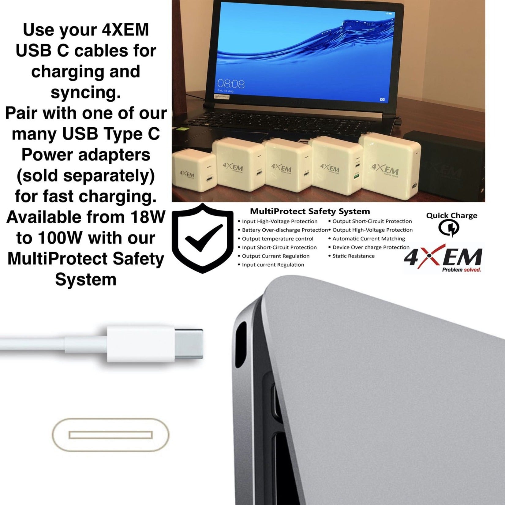 4XEM 4XUSBCC31G26W 6FT/2M Cable USB-C a USB-C M/M USB 3.1 Gen 2 10GBPS Reversible Carga Chip E-Marker Entrega de Energía USB (USB PD) - 4XEM