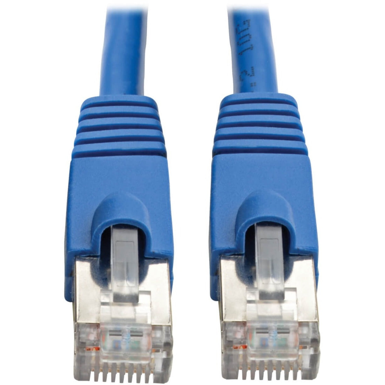 Close-up of gold-plated RJ45 connectors with snagless blue boots on Cat6a cable-alternate-image1