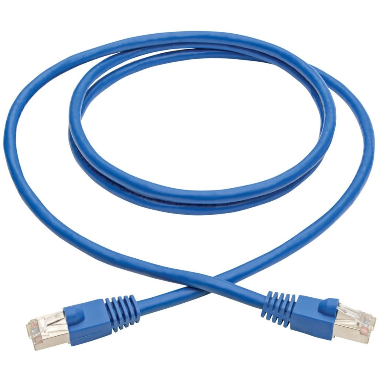 Full-length view of blue Cat6a network cable showing flexibility and both connectors-alternate-image2