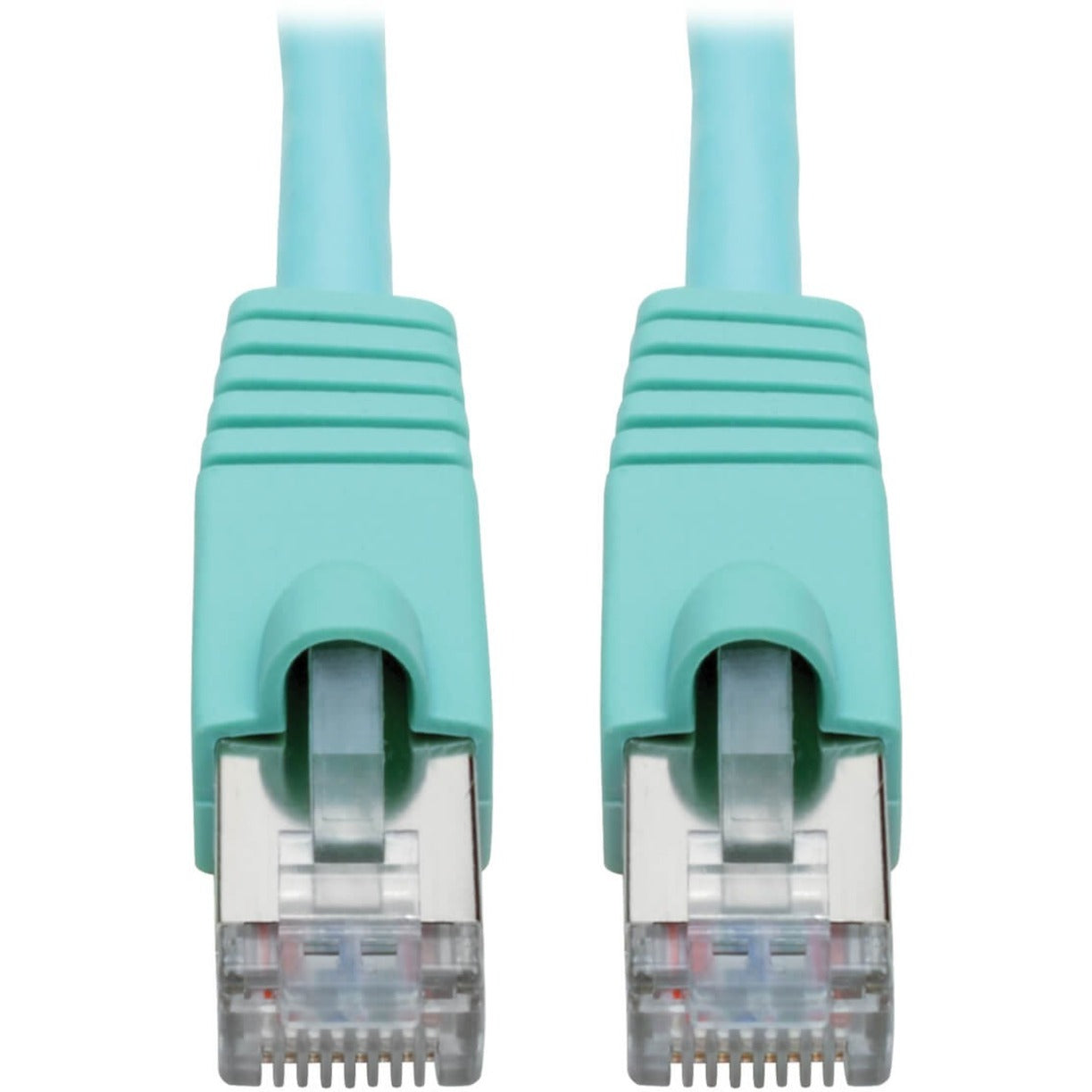 Close-up view of two gold-plated RJ45 connectors with aqua-colored snagless boots on Cat6a cable-alternate-image1