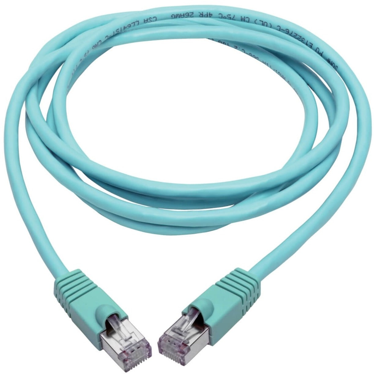 Full length view of aqua Cat6a ethernet patch cable showing flexibility and both connectors-alternate-image2