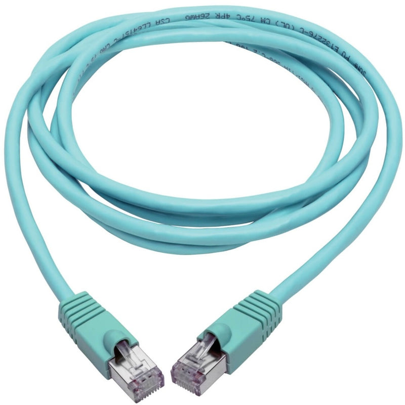 Full length view of aqua Cat6a ethernet patch cable showing flexibility and both connectors