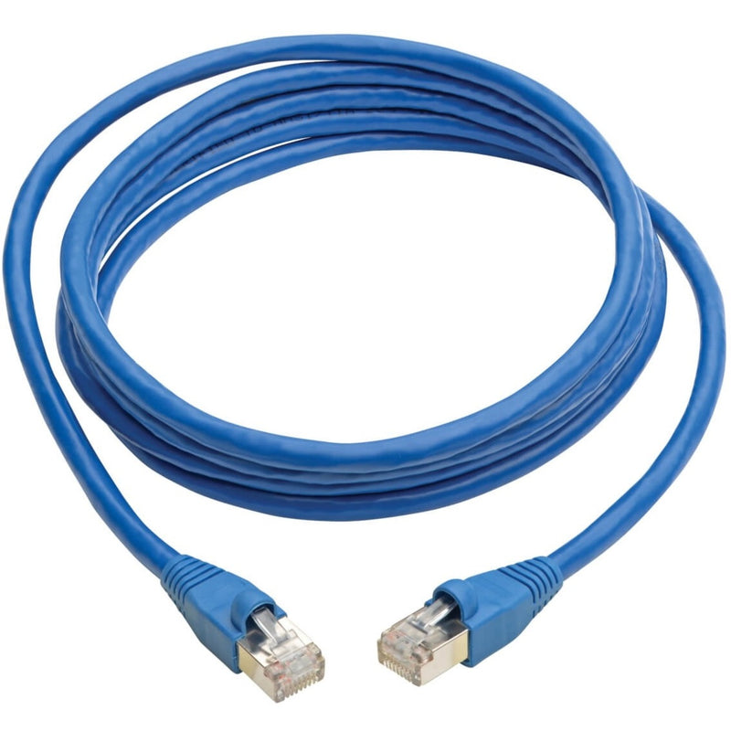 Full length view of blue Cat6a network cable showing flexible construction