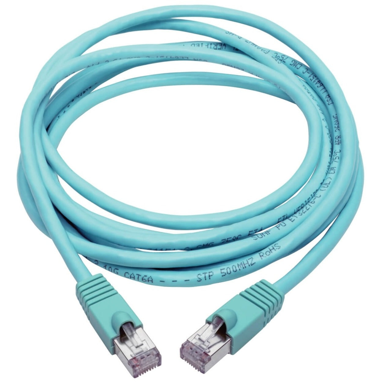 Full length view of aqua Cat6a ethernet patch cable showing cable flexibility and shielded construction-alternate-image2