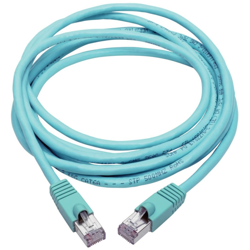 Full length view of aqua Cat6a ethernet patch cable showing cable flexibility and shielded construction