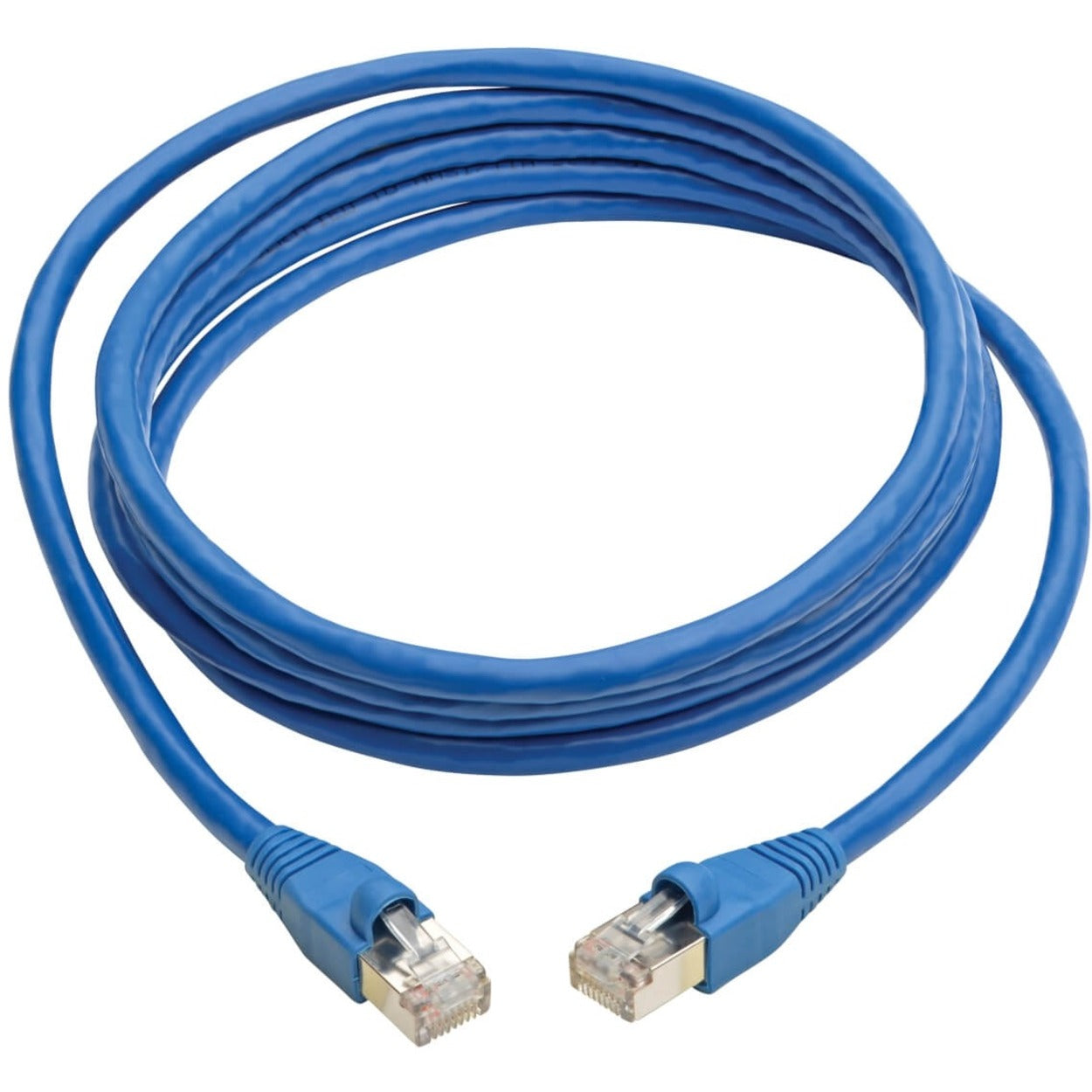 Full length view of blue Cat6a ethernet cable showing flexibility and both connectors-alternate-image2