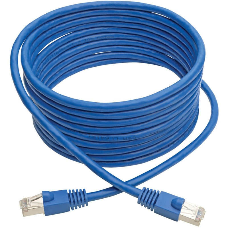 Full length view of coiled blue Cat6a network cable showing flexibility