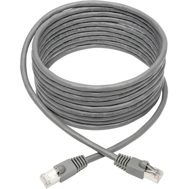 Full length view of gray Cat6a network cable coiled to show flexibility and length