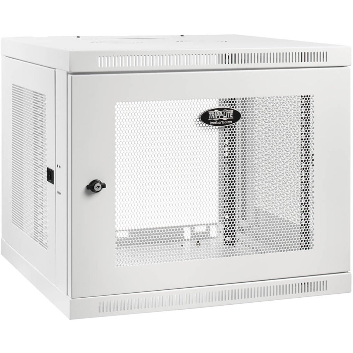 Front view of Tripp Lite SRW9UDPW white wall-mount rack enclosure showing mesh door and security lock-alternate-image1